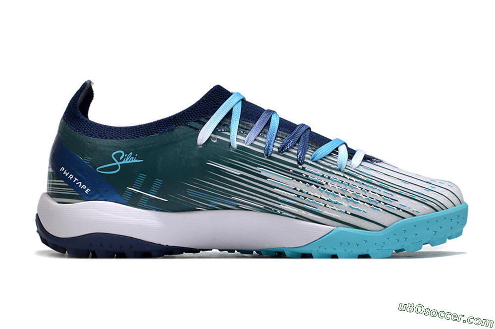 Puma Ultra Ultimate TF Artificial Turf Soccer Shoes - White/Blue/Green 7