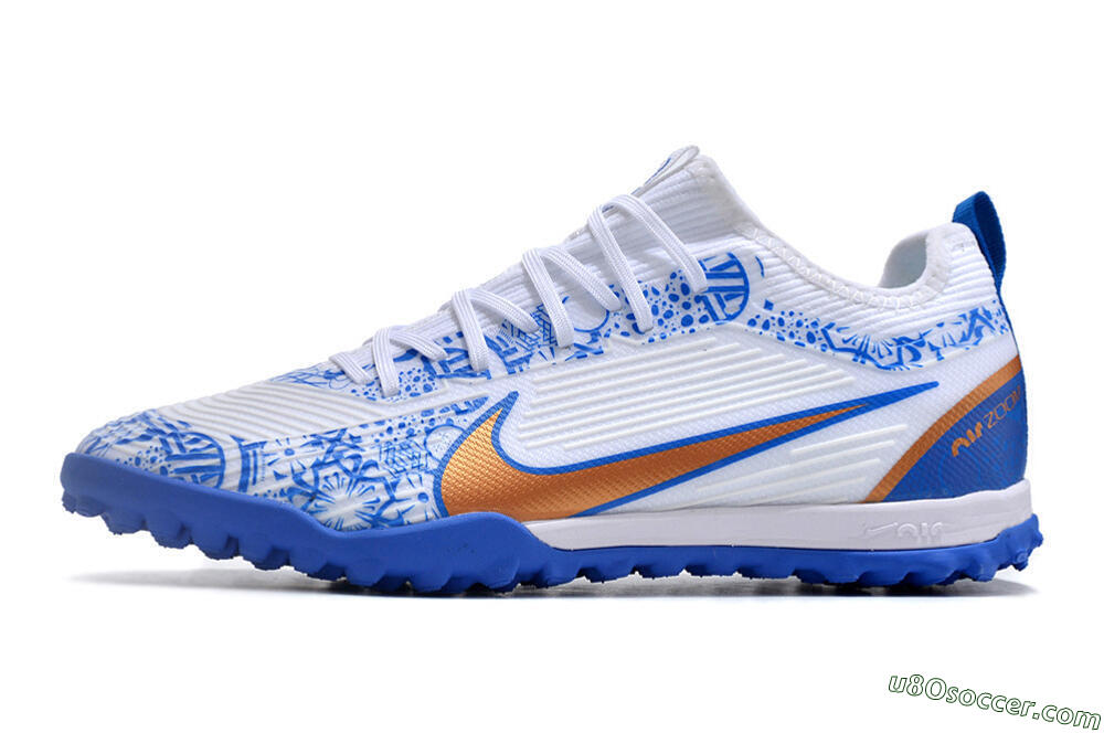 Nike Air Zoom Mercurial Vapor 15 Pro TF Artificial Turf Soccer Shoes - White/Blue/Gold 2