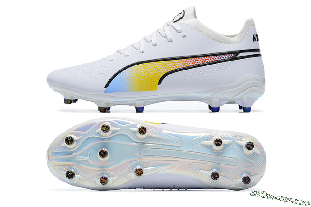 Puma King Ultimate Icon MG Multi Ground Soccer Cleats - White/Blue/Yellow/Red 0
