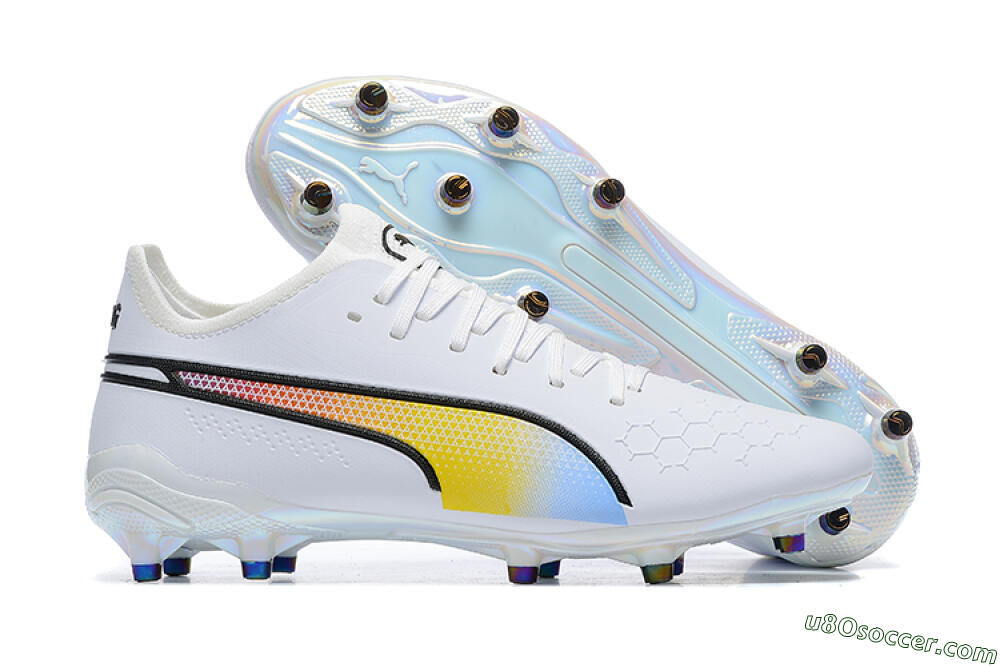 Puma King Ultimate Icon MG Multi Ground Soccer Cleats - White/Blue/Yellow/Red 1