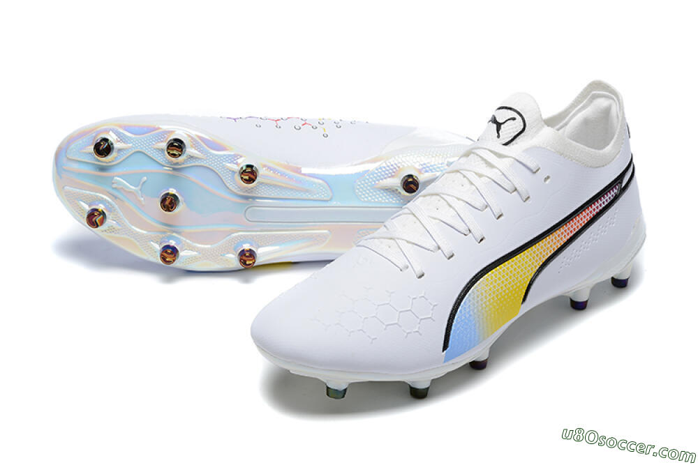 Puma King Ultimate Icon MG Multi Ground Soccer Cleats - White/Blue/Yellow/Red 3