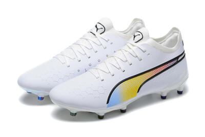 Puma King Ultimate Icon MG Multi Ground Soccer Cleats - White/Blue/Yellow/Red