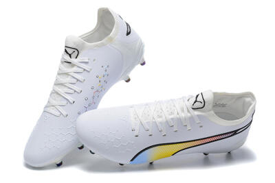 Puma King Ultimate Icon MG Multi Ground Soccer Cleats - White/Blue/Yellow/Red