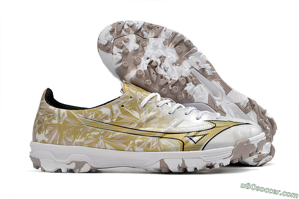 Mizuno Morelia Alpha Made in Japan TF Artificial Turf Soccer Shoes - White/Black/Gold 1