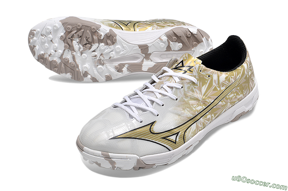 Mizuno Morelia Alpha Made in Japan TF Artificial Turf Soccer Shoes - White/Black/Gold 3