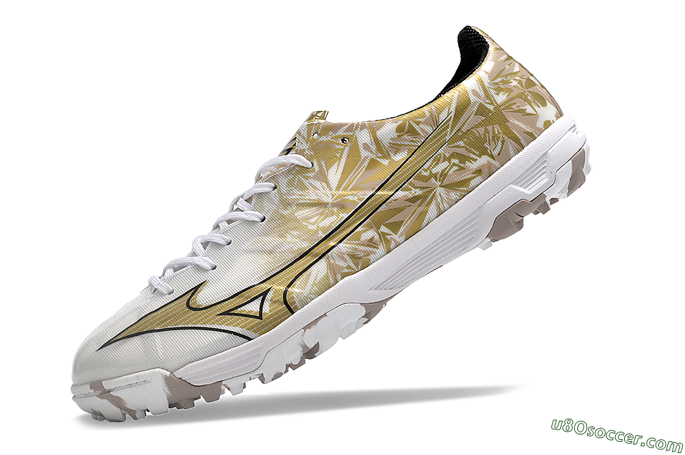 Mizuno Morelia Alpha Made in Japan TF Artificial Turf Soccer Shoes - White/Black/Gold 5