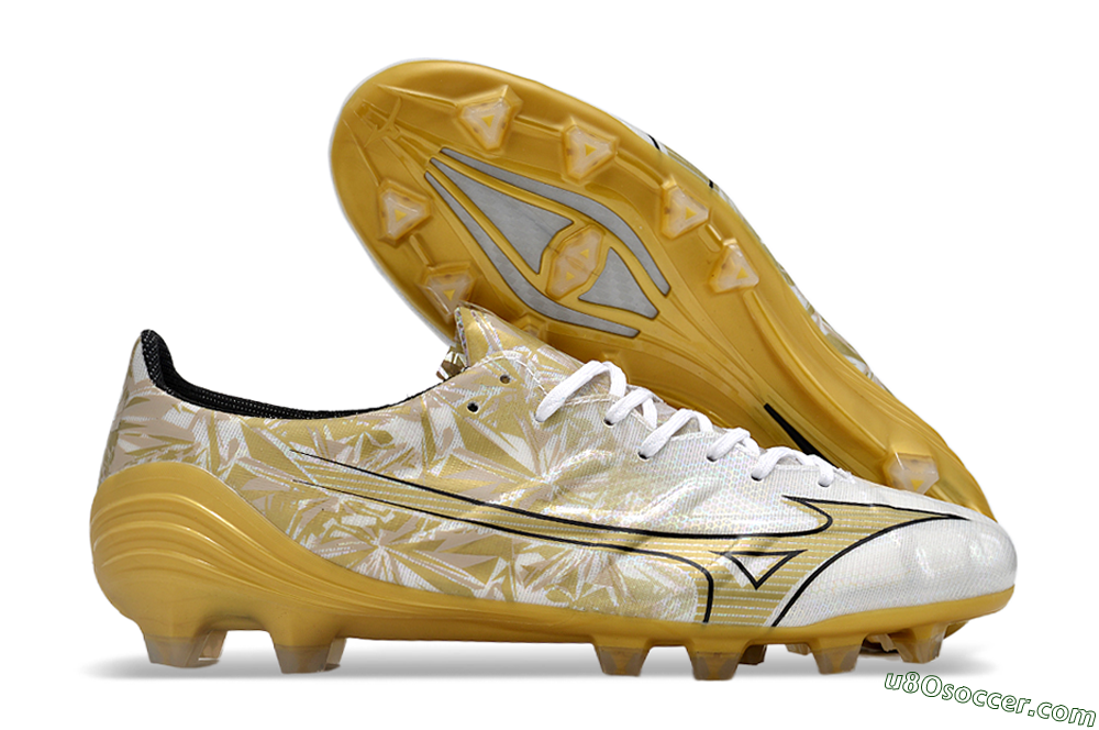 Mizuno Morelia Alpha Made in Japan FG Firm Ground Soccer Cleats - White/Black/Gold 1