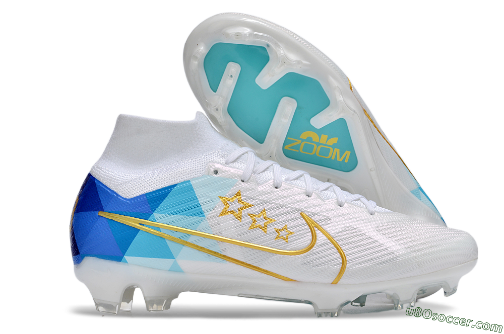 Nike Air Zoom Mercurial Superfly 9 Elite FG Firm Ground Soccer Cleats - White/Blue/Gold 1