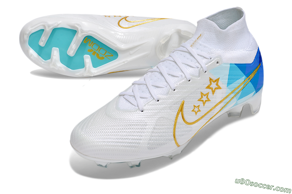 Nike Air Zoom Mercurial Superfly 9 Elite FG Firm Ground Soccer Cleats - White/Blue/Gold 3