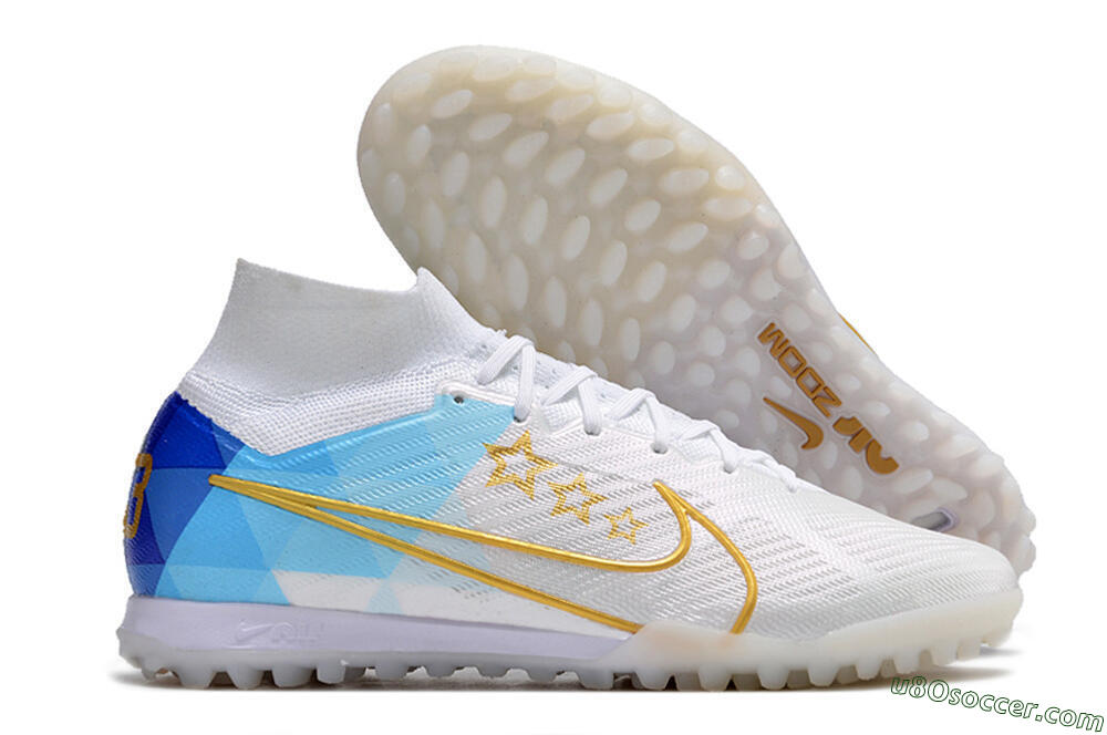 Nike Air Zoom Mercurial Superfly 9 Elite TF Artificial Turf Soccer Shoes - White/Gold/Blue 1