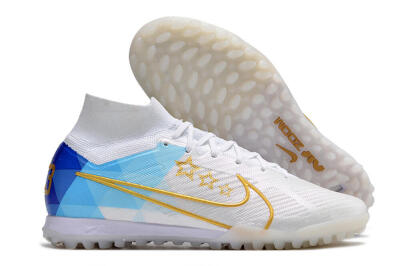 Nike Air Zoom Mercurial Superfly 9 Elite TF Artificial Turf Soccer Shoes - White/Gold/Blue