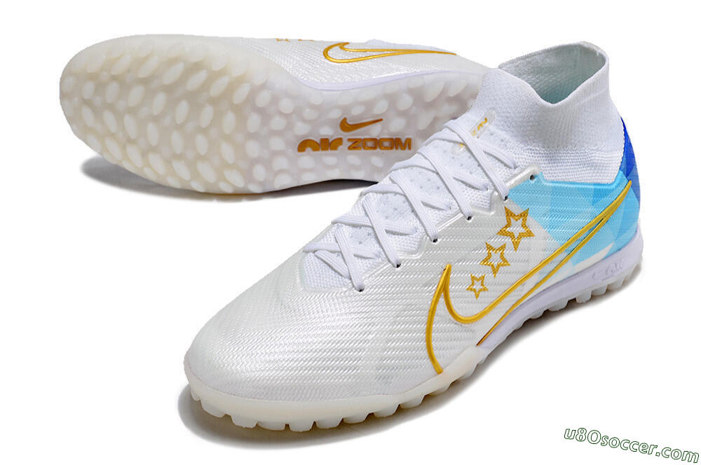 Nike Air Zoom Mercurial Superfly 9 Elite TF Artificial Turf Soccer Shoes - White/Gold/Blue 3