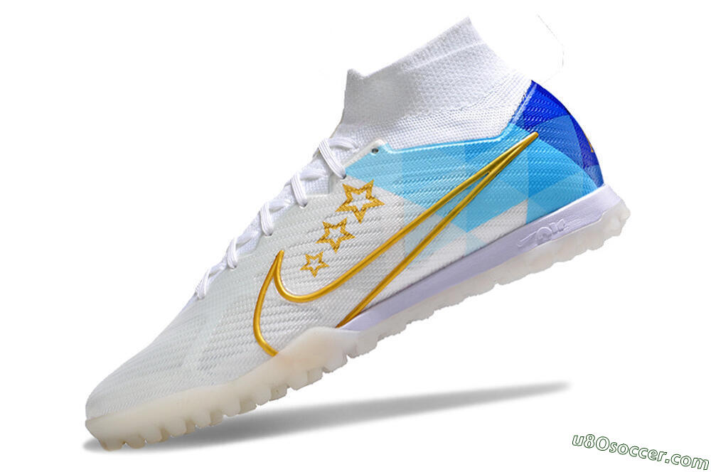 Nike Air Zoom Mercurial Superfly 9 Elite TF Artificial Turf Soccer Shoes - White/Gold/Blue 5