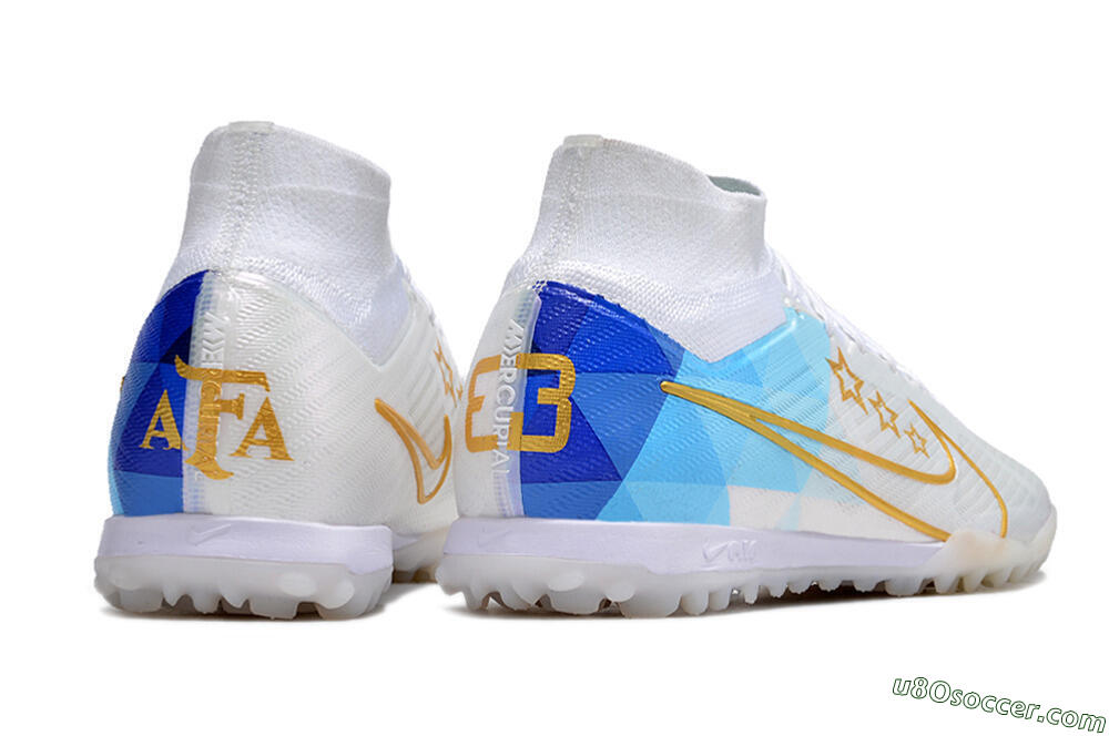 Nike Air Zoom Mercurial Superfly 9 Elite TF Artificial Turf Soccer Shoes - White/Gold/Blue 6