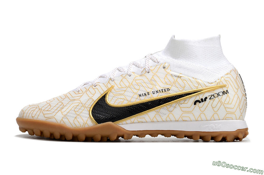 Nike Air Zoom Mercurial Superfly 9 Elite TF Artificial Turf Soccer Shoes - White/Black/Gold 2