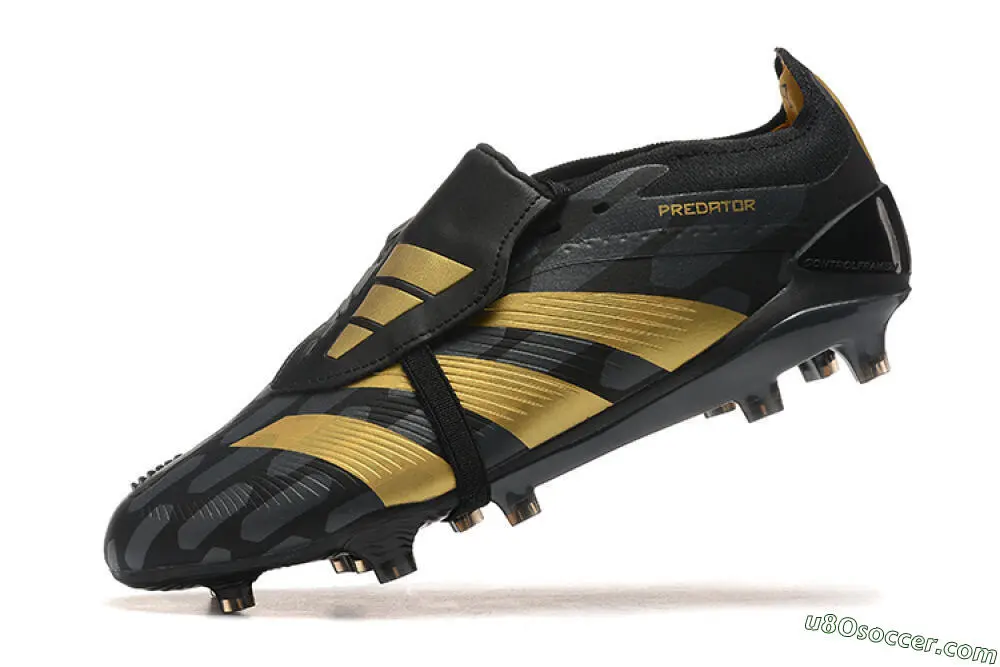 ハンドメイド　シェケレ　ブラック/ゴールド Black and Gold FG Firm Ground Soccer Cleats with Foldover Tongue