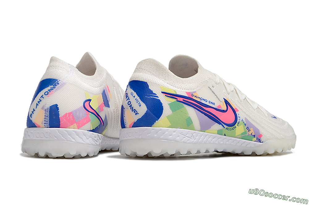 TF Artificial Turf Soccer Shoes in White, Blue, Pink