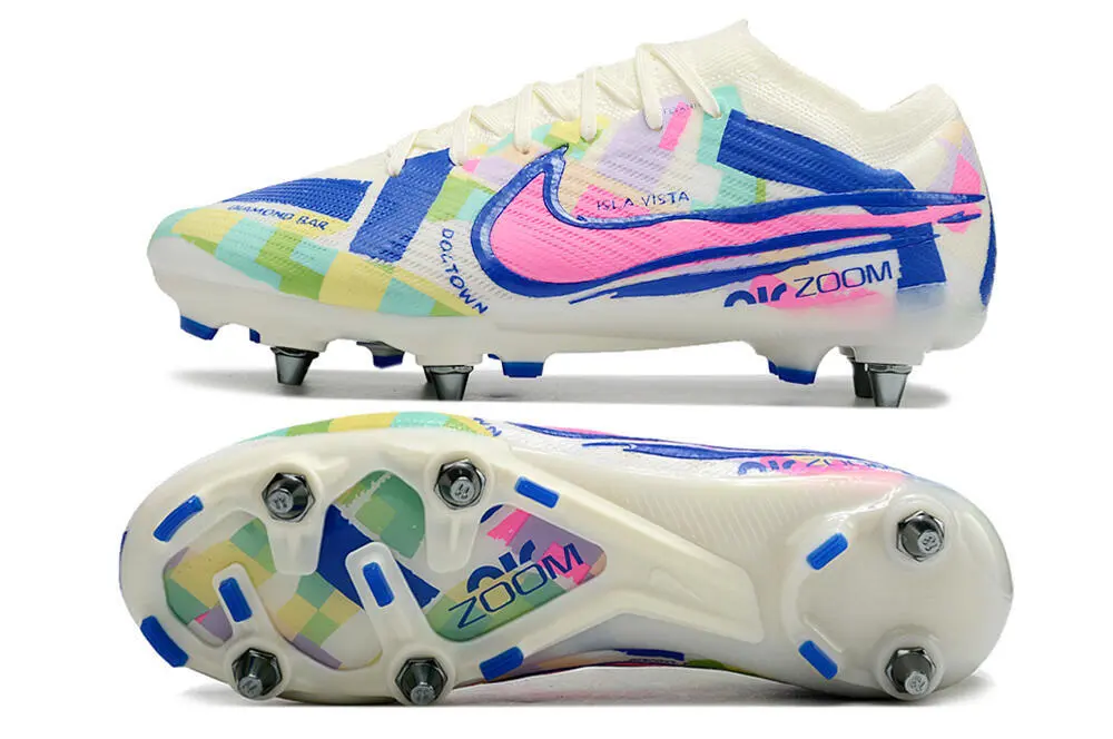 SG Soft Ground Soccer Cleats in White, Blue, and Pink