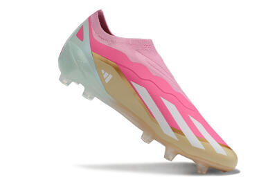 Adidas X Crazyfast+ Laceless FG Firm Ground Soccer Cleats - Pink/White/Gold/Jade