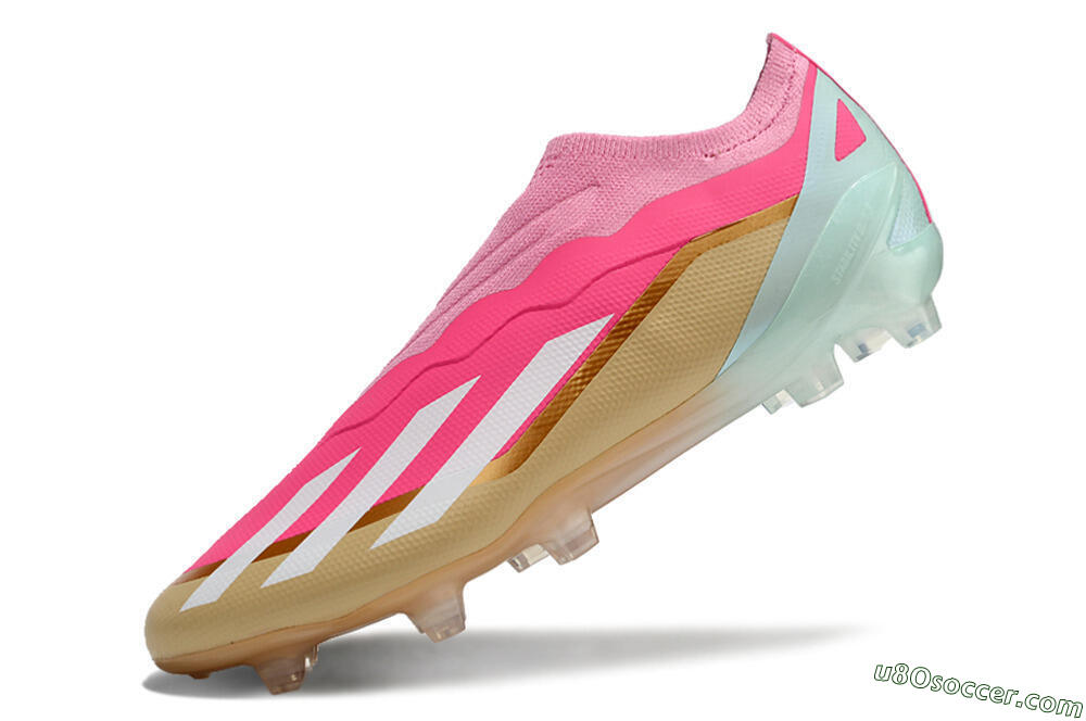 Adidas X Crazyfast+ Laceless FG Firm Ground Soccer Cleats - Pink/White/Gold/Jade 5