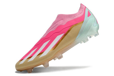 Adidas X Crazyfast+ Laceless FG Firm Ground Soccer Cleats - Pink/White/Gold/Jade