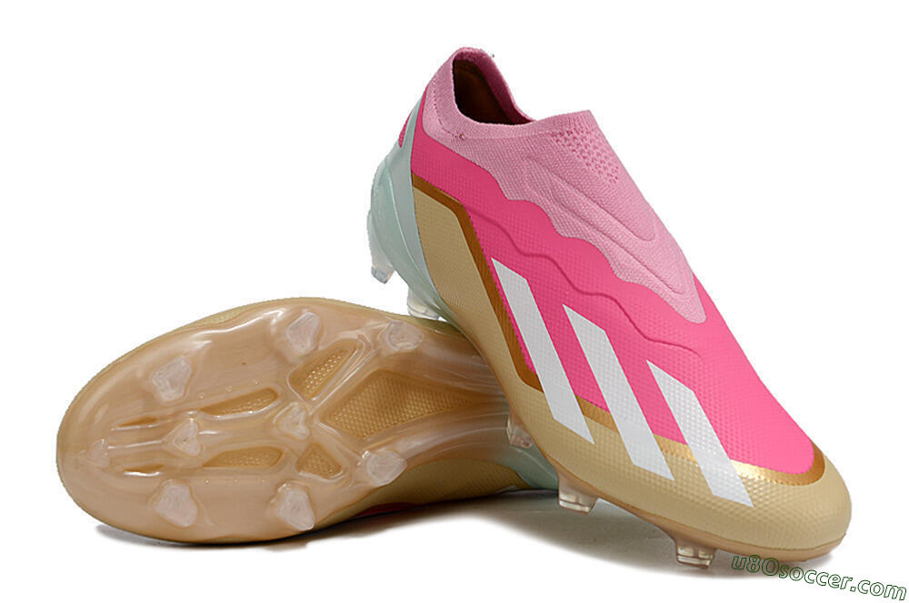 Adidas X Crazyfast+ Laceless FG Firm Ground Soccer Cleats - Pink/White/Gold/Jade 3
