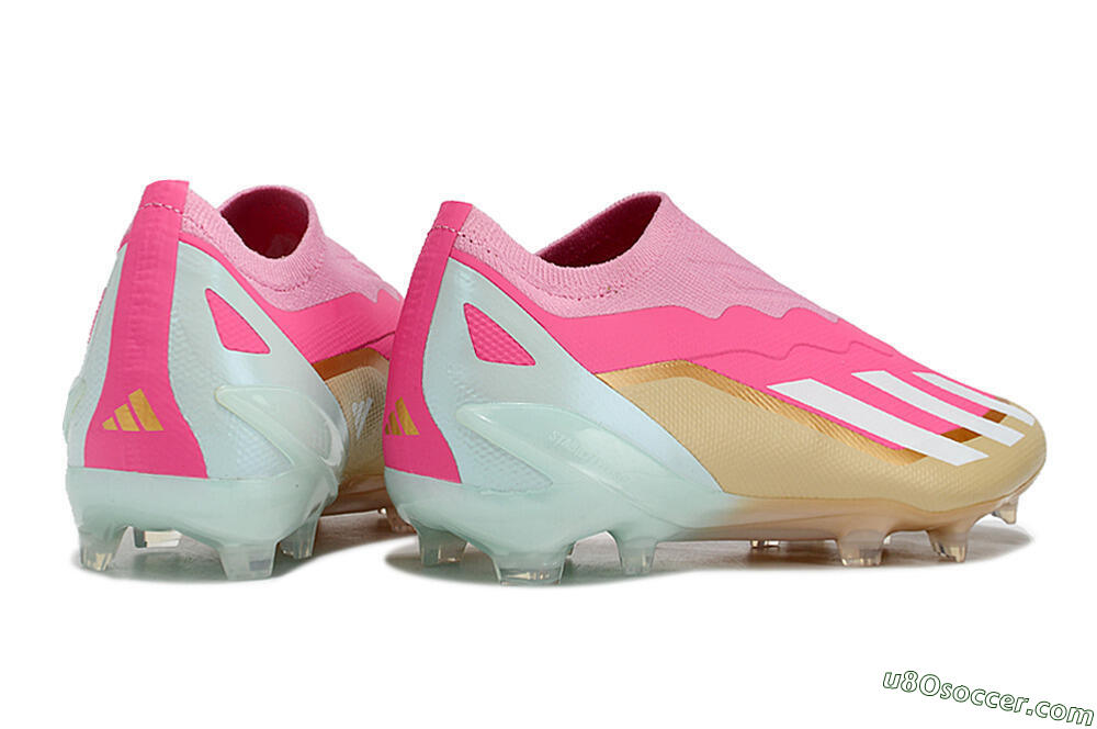 Adidas X Crazyfast+ Laceless FG Firm Ground Soccer Cleats - Pink/White/Gold/Jade 6