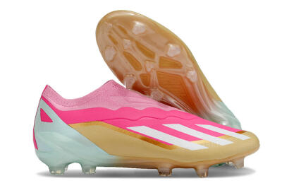 Adidas X Crazyfast+ Laceless FG Firm Ground Soccer Cleats - Pink/White/Gold/Jade