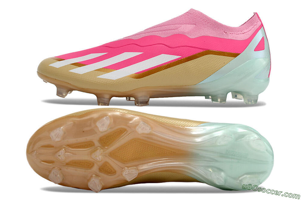 Adidas X Crazyfast+ Laceless FG Firm Ground Soccer Cleats - Pink/White/Gold/Jade 0