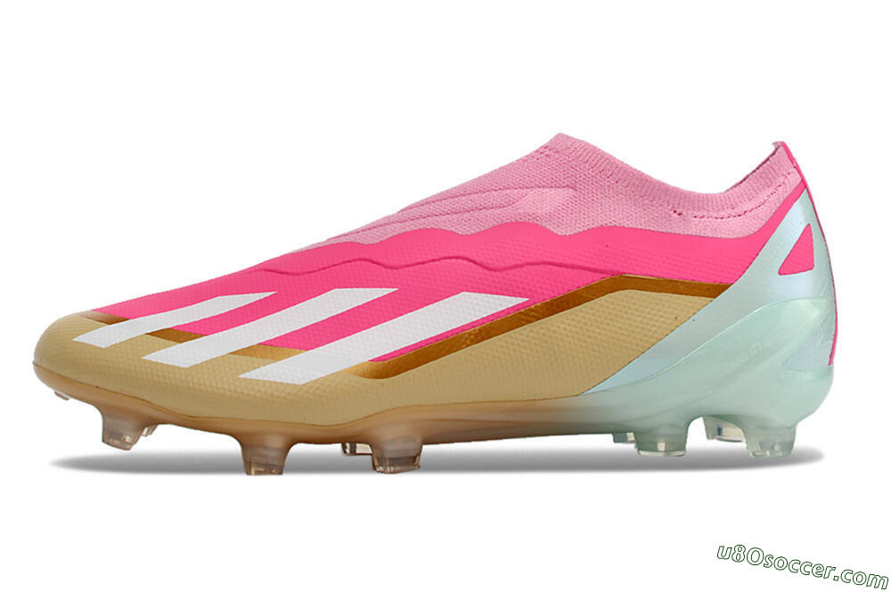 Adidas X Crazyfast+ Laceless FG Firm Ground Soccer Cleats - Pink/White/Gold/Jade 2