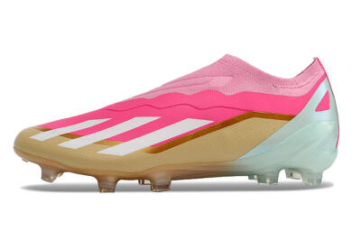Adidas X Crazyfast+ Laceless FG Firm Ground Soccer Cleats - Pink/White/Gold/Jade