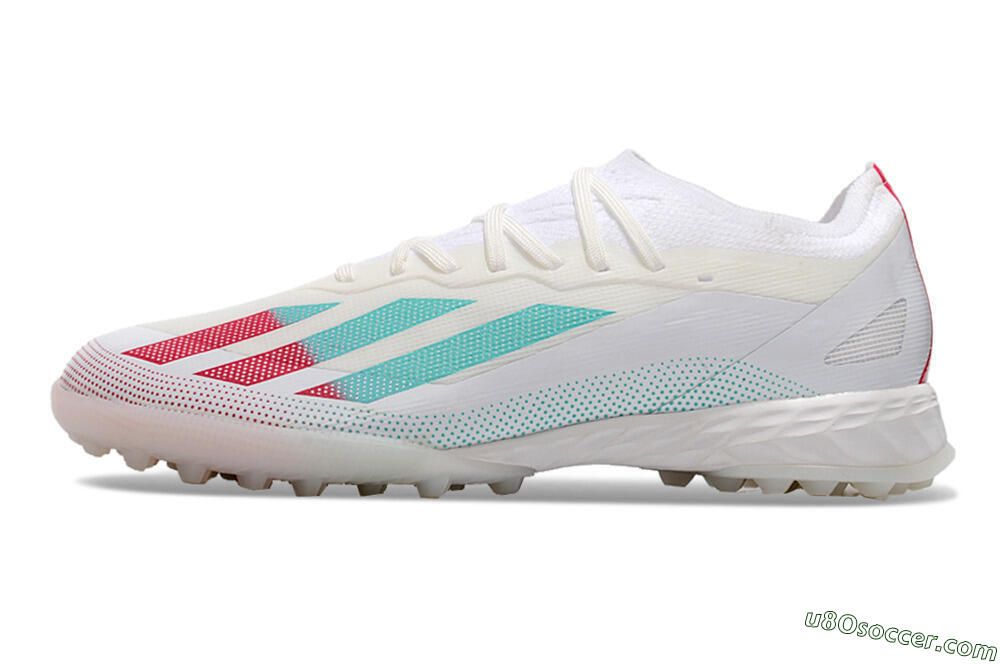 TF Artificial Turf Soccer Shoes in White, Red, and Jade