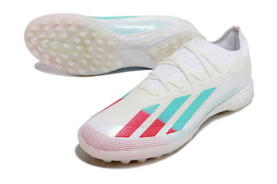 TF Artificial Turf Soccer Shoes in White, Red, and Jade
