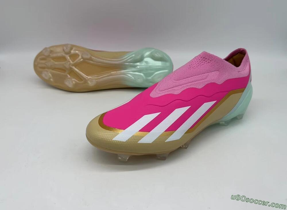 Adidas X Crazyfast+ Laceless FG Firm Ground Soccer Cleats - Pink/White/Gold/Jade
