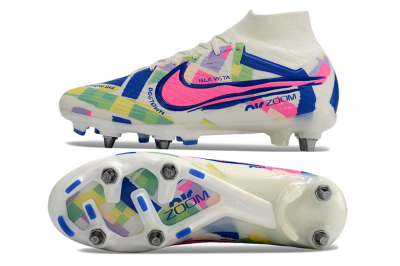 Nike Air Zoom Mercurial Superfly 9 Elite SG Soft Ground Soccer Cleats - White/Pink/Blue/Yellow