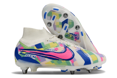 Nike Air Zoom Mercurial Superfly 9 Elite SG Soft Ground Soccer Cleats - White/Pink/Blue/Yellow