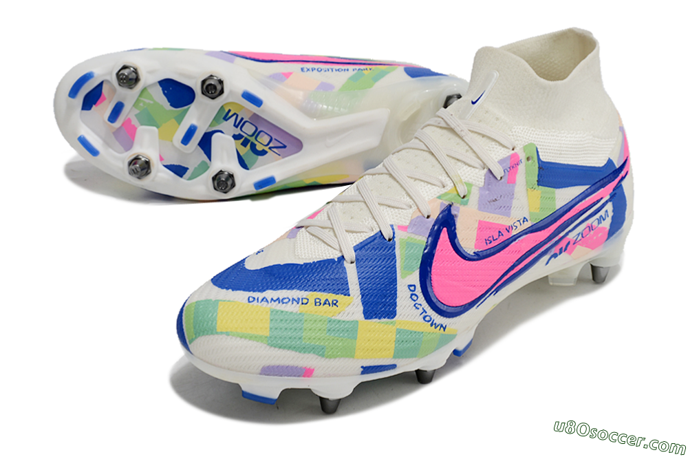 Nike Air Zoom Mercurial Superfly 9 Elite SG Soft Ground Soccer Cleats - White/Pink/Blue/Yellow 3