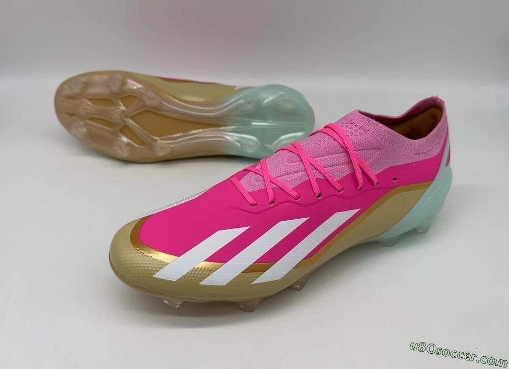 Adidas X Crazyfast+ Laceless FG Firm Ground Soccer Cleats - Pink/White/Gold/Jade