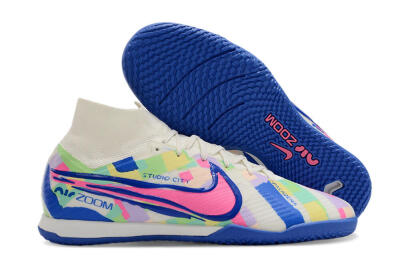 Nike Air Zoom Mercurial Superfly 9 Elite IC Indoor & Futsal Soccer Shoes - White/Blue/Pink/Yellow