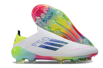 Adidas F50 Elite Laceless FG Firm Ground Soccer Cleats - White/Blue/Pink/Yellow