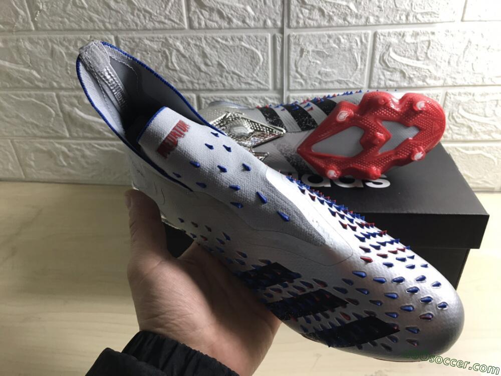 Adidas Predator Freak+ FG Firm Ground Soccer Cleats - Silver/Black/Blue/Red