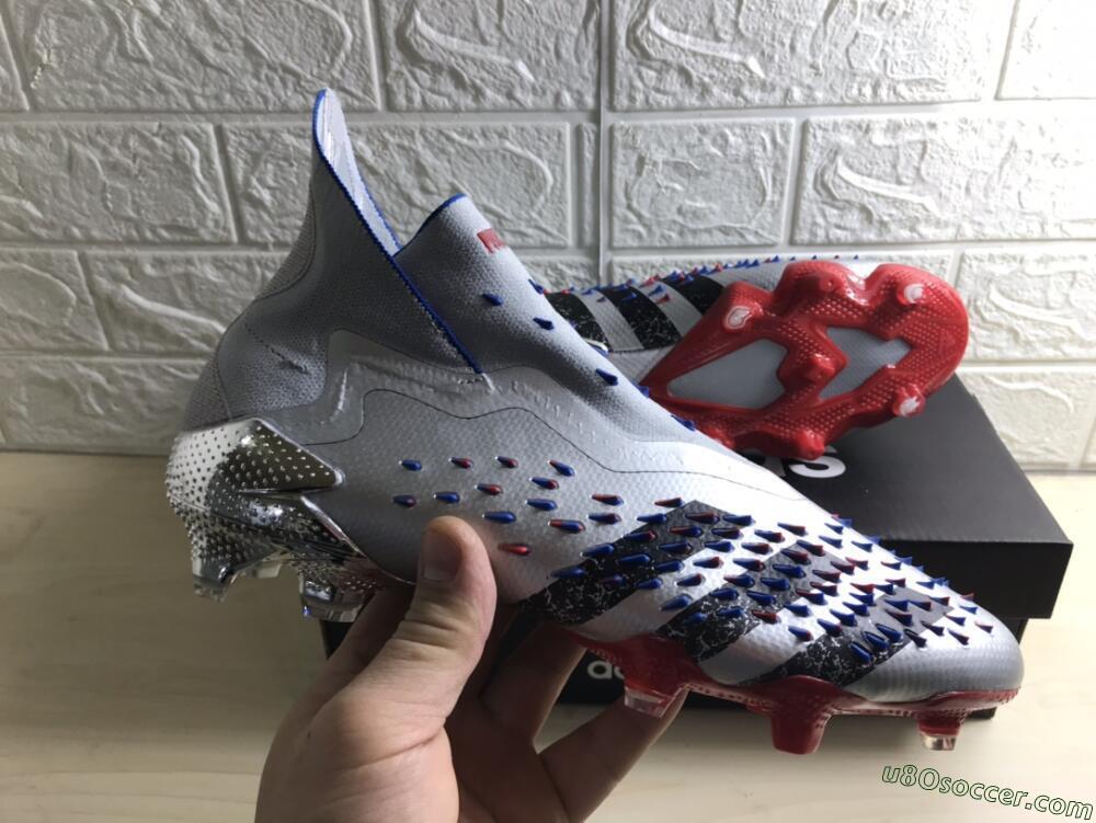 Adidas Predator Freak+ FG Firm Ground Soccer Cleats - Silver/Black/Blue/Red
