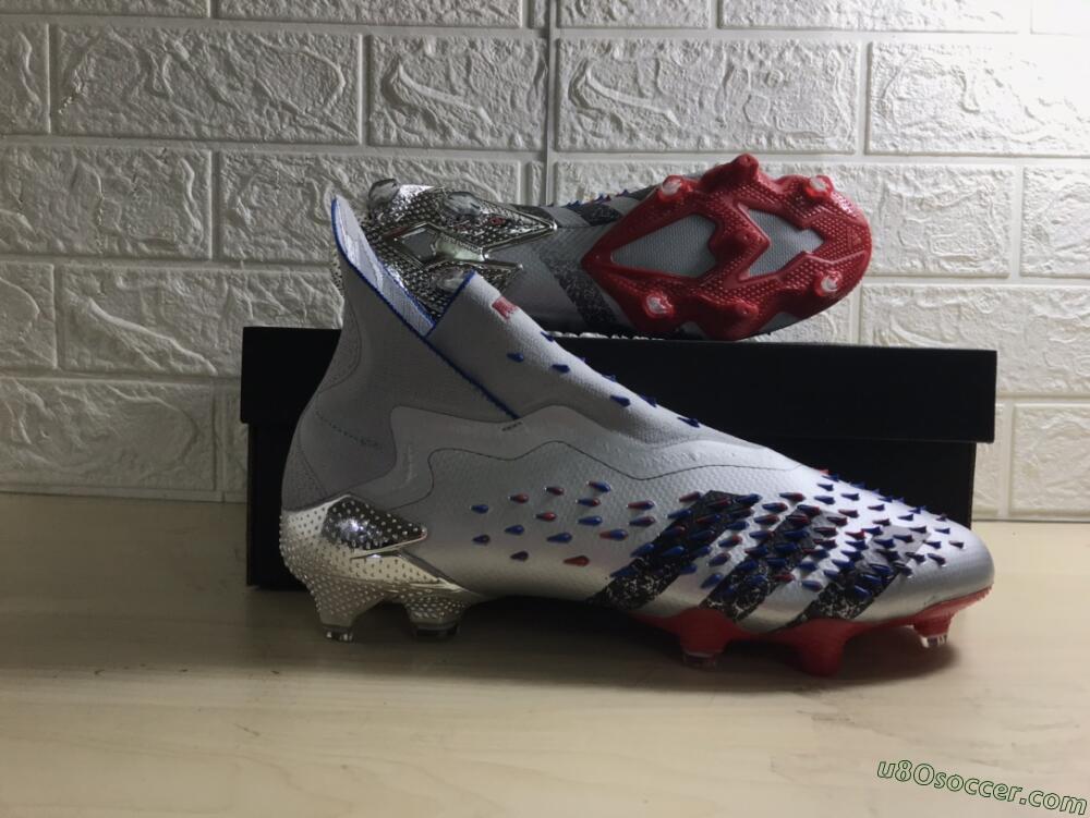Adidas Predator Freak+ FG Firm Ground Soccer Cleats - Silver/Black/Blue/Red