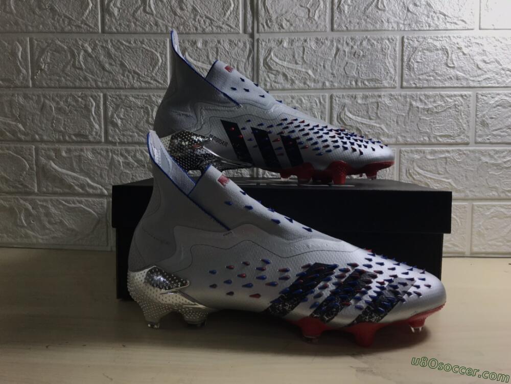 Adidas Predator Freak+ FG Firm Ground Soccer Cleats - Silver/Black/Blue/Red