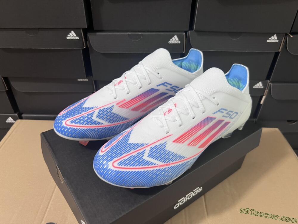 Adidas F50 Adizero FG Firm Ground Soccer Cleats - White/Blue/Pink