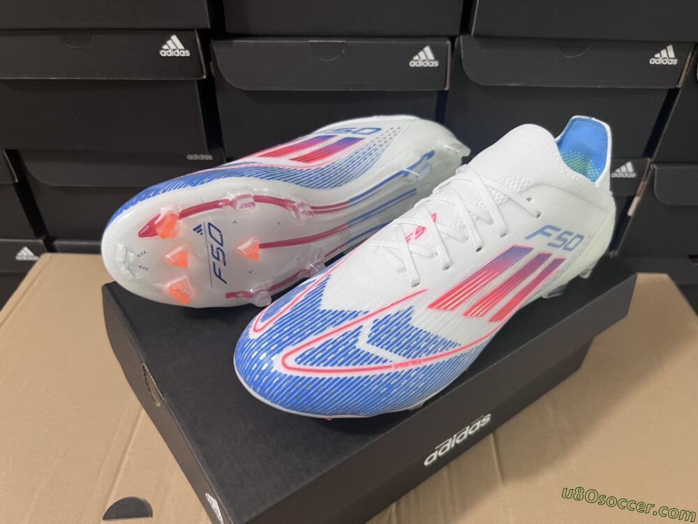 Adidas F50 Adizero FG Firm Ground Soccer Cleats - White/Blue/Pink