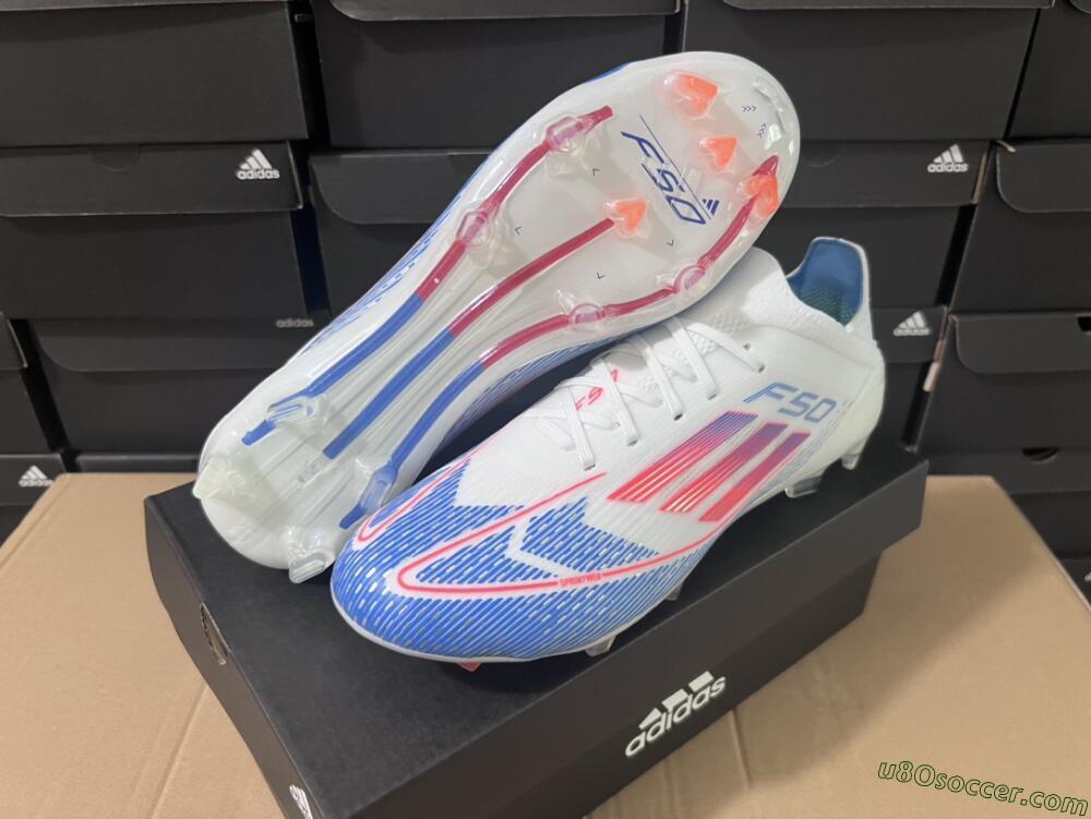 Adidas F50 Adizero FG Firm Ground Soccer Cleats - White/Blue/Pink
