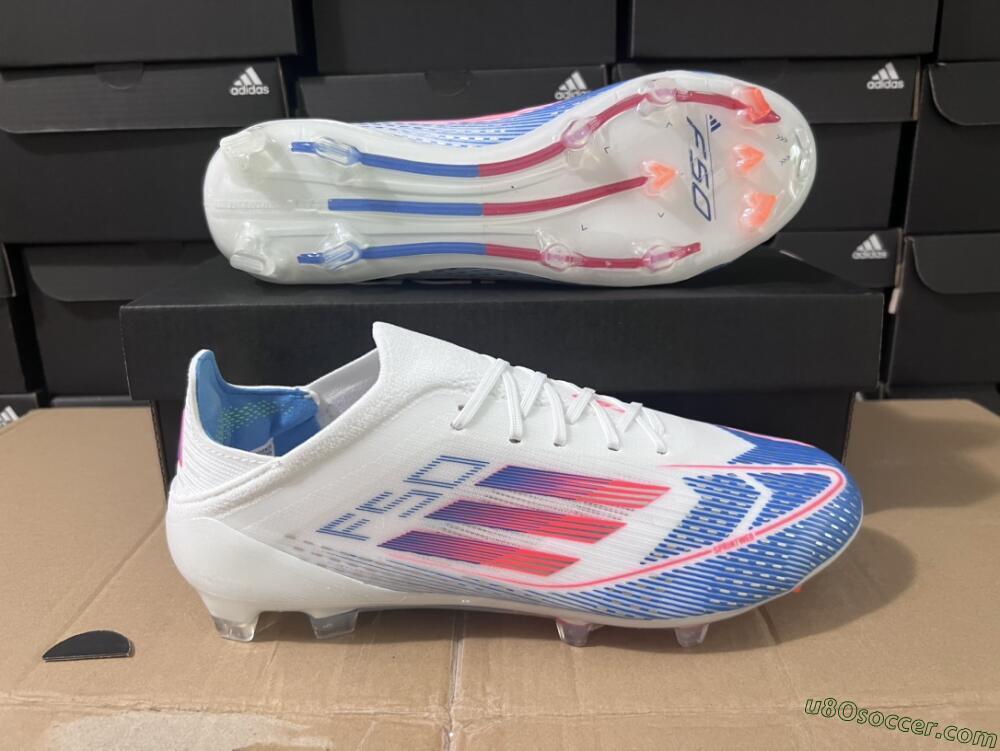 Adidas F50 Adizero FG Firm Ground Soccer Cleats - White/Blue/Pink