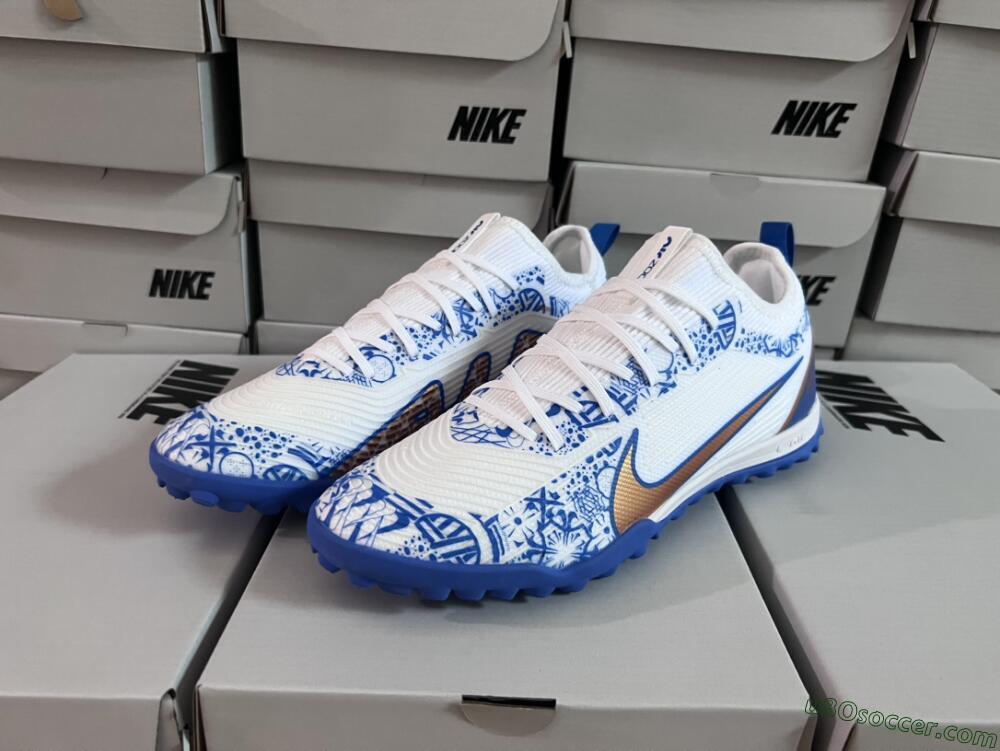 Nike Air Zoom Mercurial Vapor 15 Pro TF Artificial Turf Soccer Shoes - White/Blue/Gold