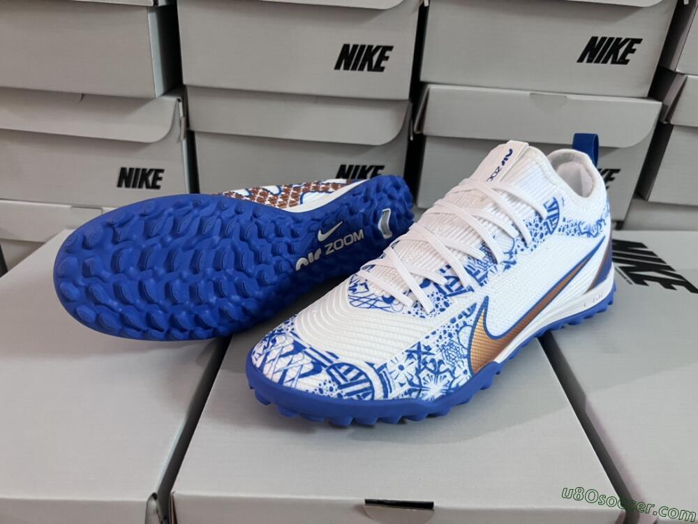 Nike Air Zoom Mercurial Vapor 15 Pro TF Artificial Turf Soccer Shoes - White/Blue/Gold